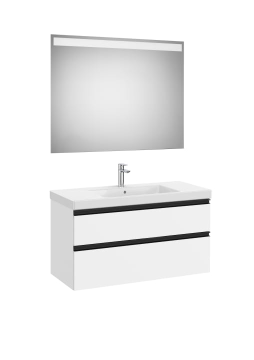 Pack (unità base con due cassetti, lavabo plus sinistro, destro o centrale e specchio LED)