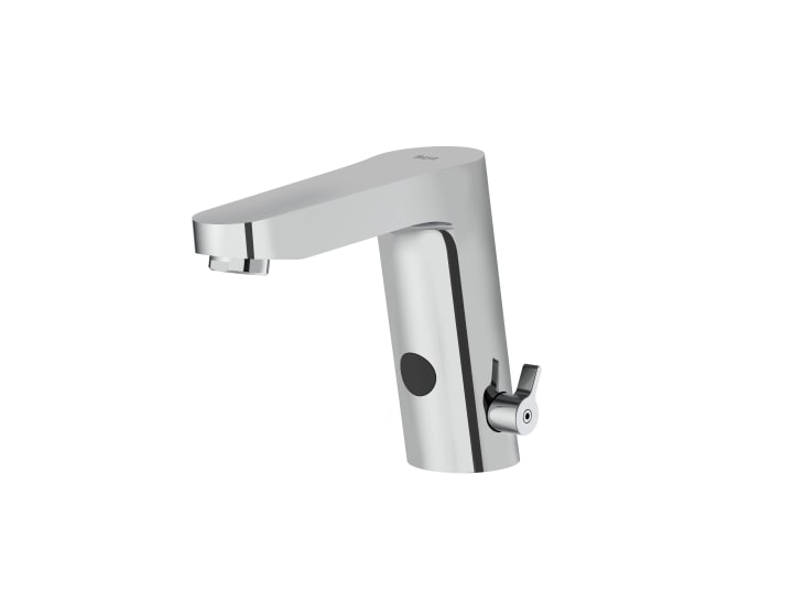 Miscelatore elettronico per lavabo con limitatore di portata. Alimentato da quattro batterie alcaline LRG (AA) da 1,5 V / Funzionamento a rete a 230 V, incluso il generatore di corrente.