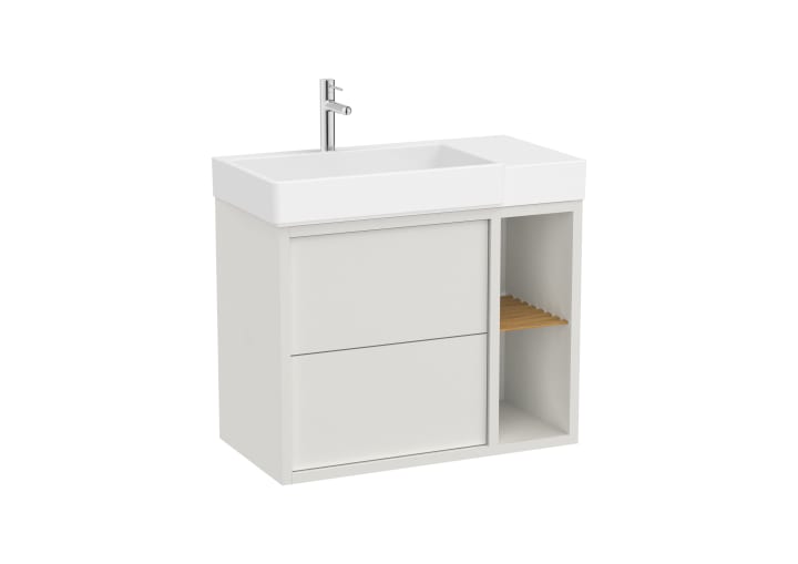 Unik (base asimmetrica con due cassetti, ripiani laterali e lavabo sulla sinistra)